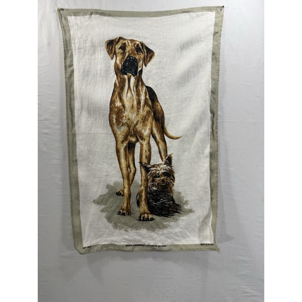 Vtg Irish Linen Tea Towel Dogs Great Dane Yorkshire Terrier Dignity & Impudence